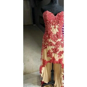 Angela & Alison Dress,Red Prom Dress Corset Strapless & Stunningly Red & Nude 14
